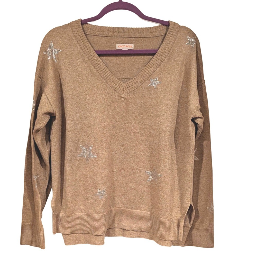 Knox Rose Women's Large‎ Tan V-Neck Long Sleeve Star Pullover Sweater